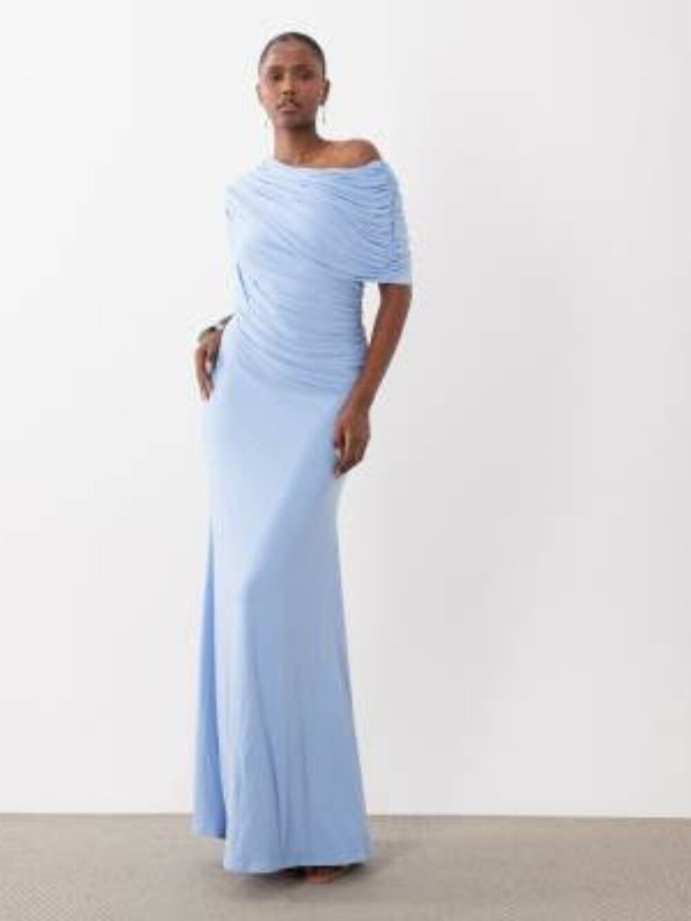 ASOS DESIGN off shoulder wrap bodice detail maxi dress with train in blue